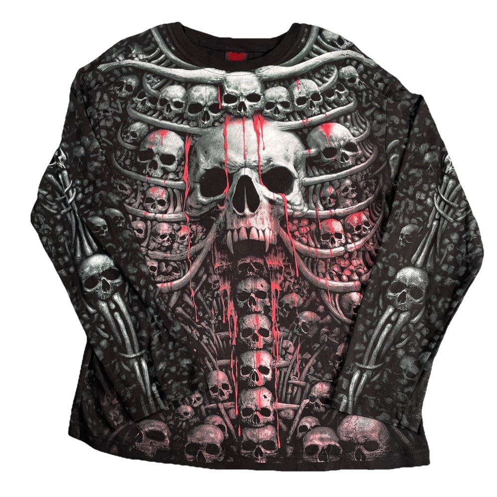 Spiral Direct Biker Skull Longsleeve Shirt Emo Metal All Over Print Skulls SZ L